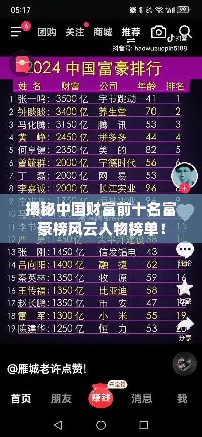 揭秘中國財富前十名富豪榜風(fēng)云人物榜單！